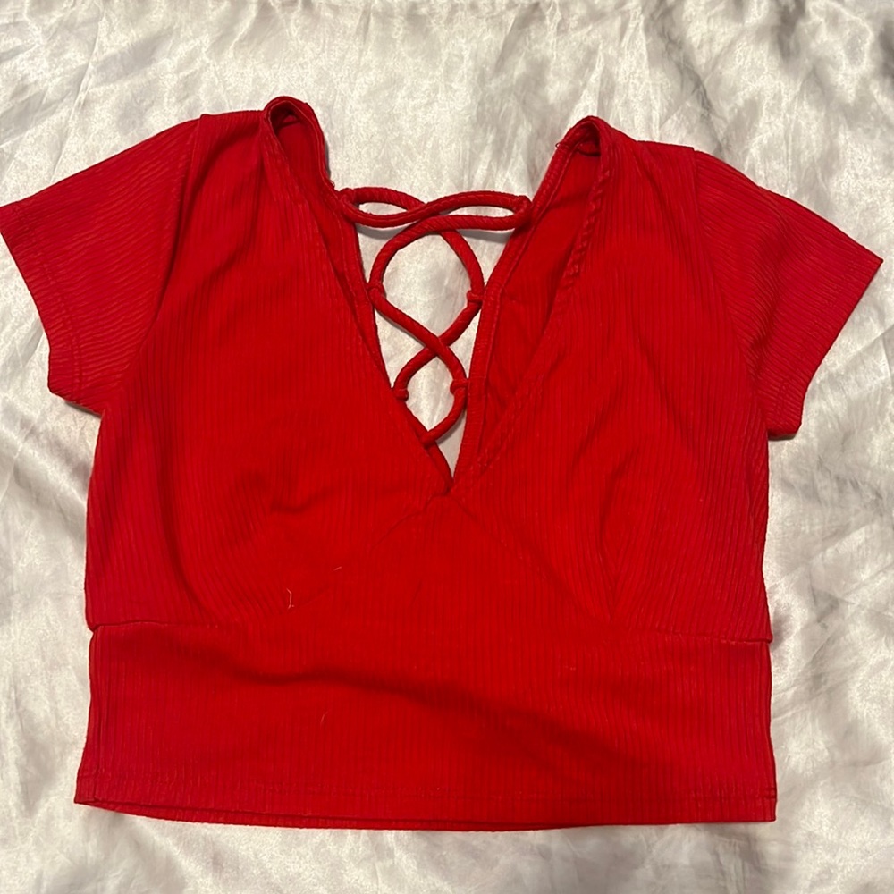 Red lace-up crop top